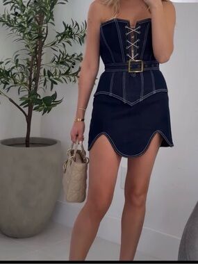Strapless Navy Lace-Up Corset Mini Dress with Belt